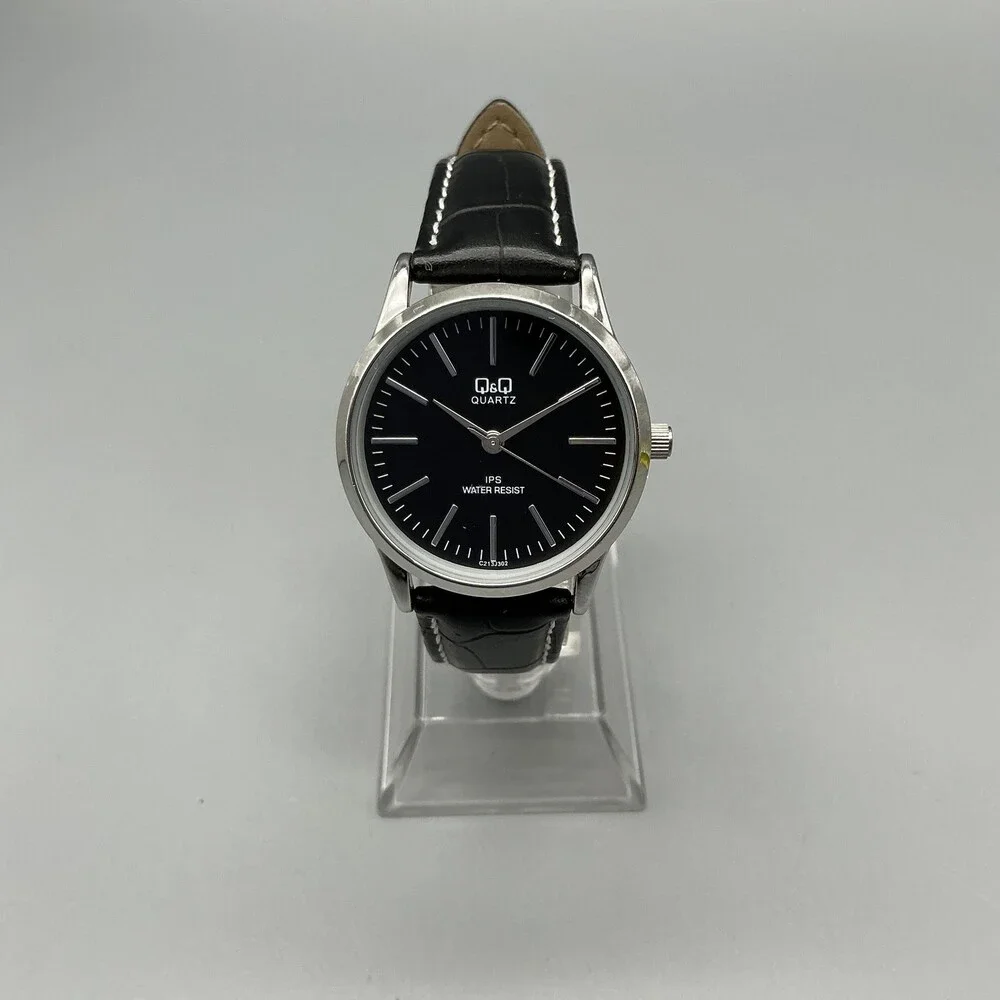 Q&Q Womens Watch 30mm Black Dial Silver Tone Black Leather Band New Battery